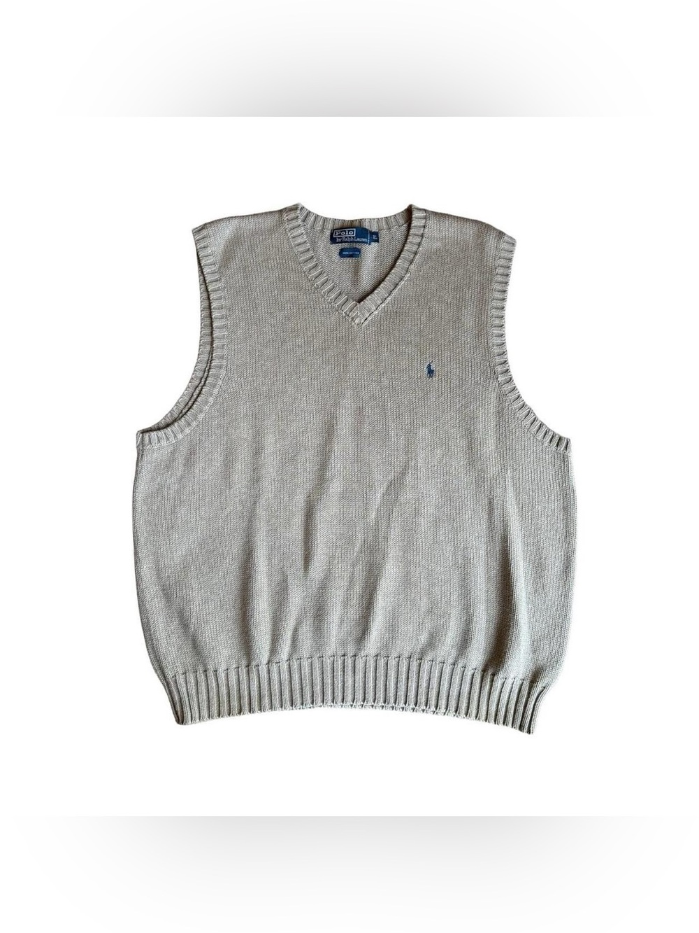VTG Polo Ralph Lauren Men Beige/Tan Cotton V-Neck Horse Logo Sweater Vest XL